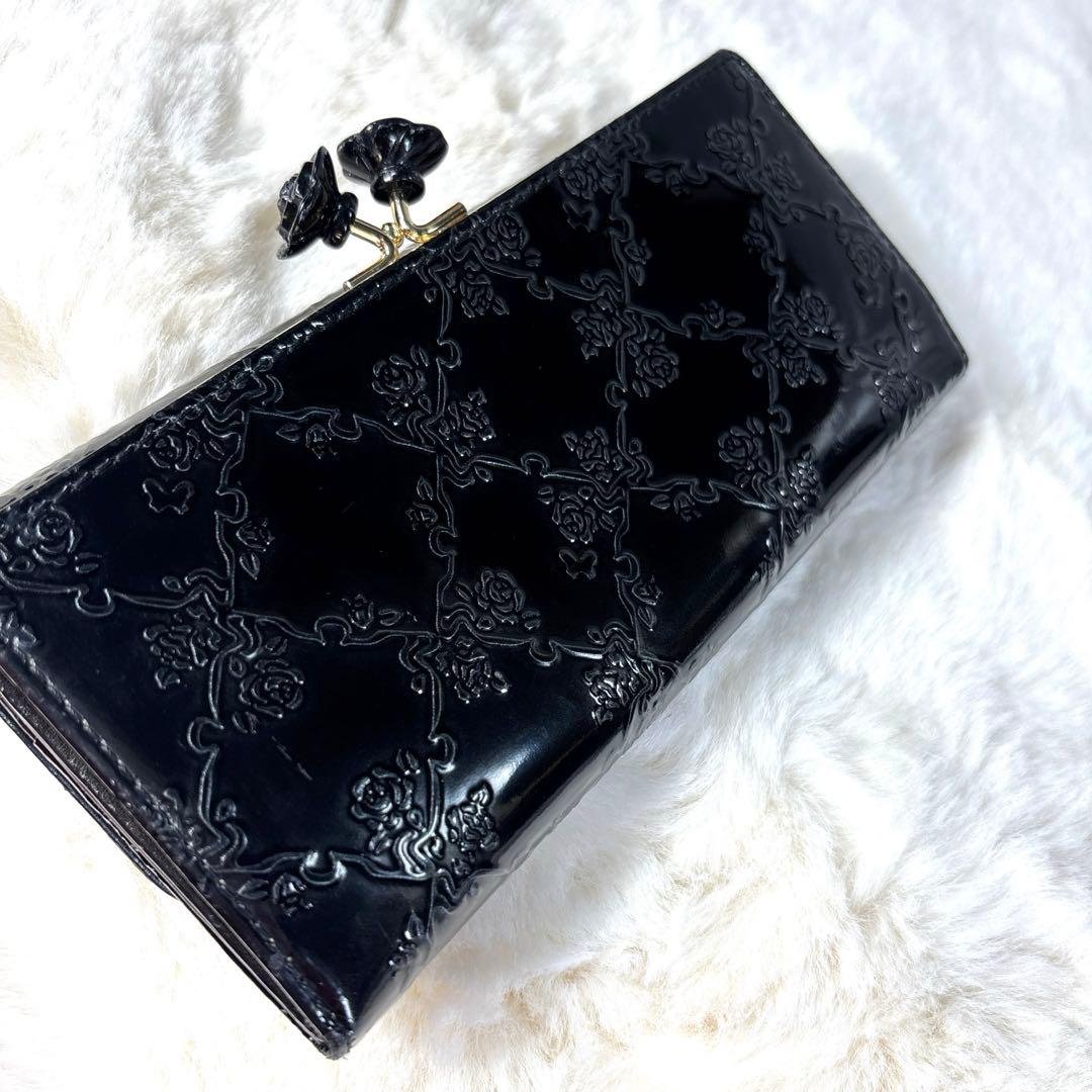 あ*を様 ANNA SUI アナスイ　二つ折り財布　がま口　バラ　エナメル　ブラ